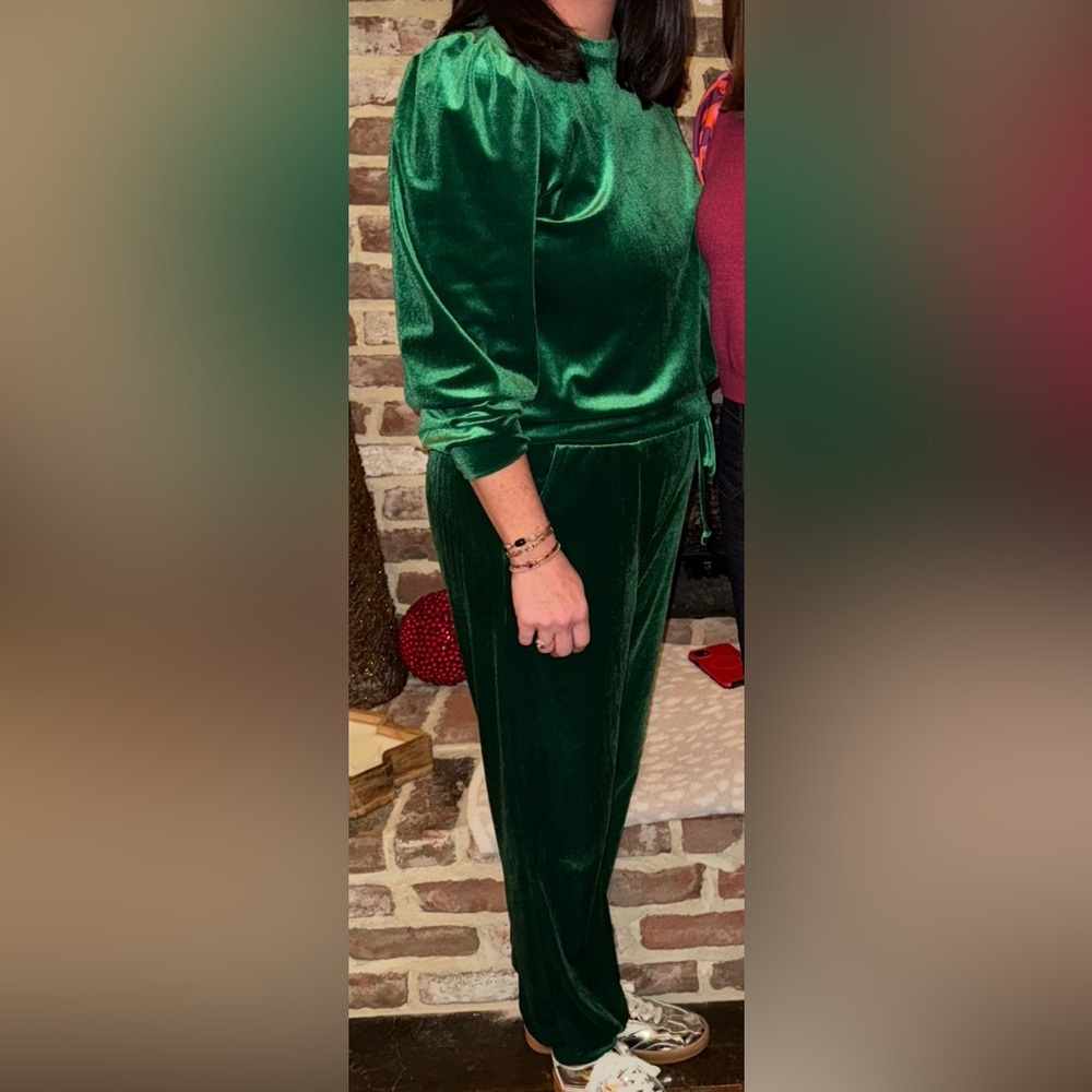 Green velour track suit